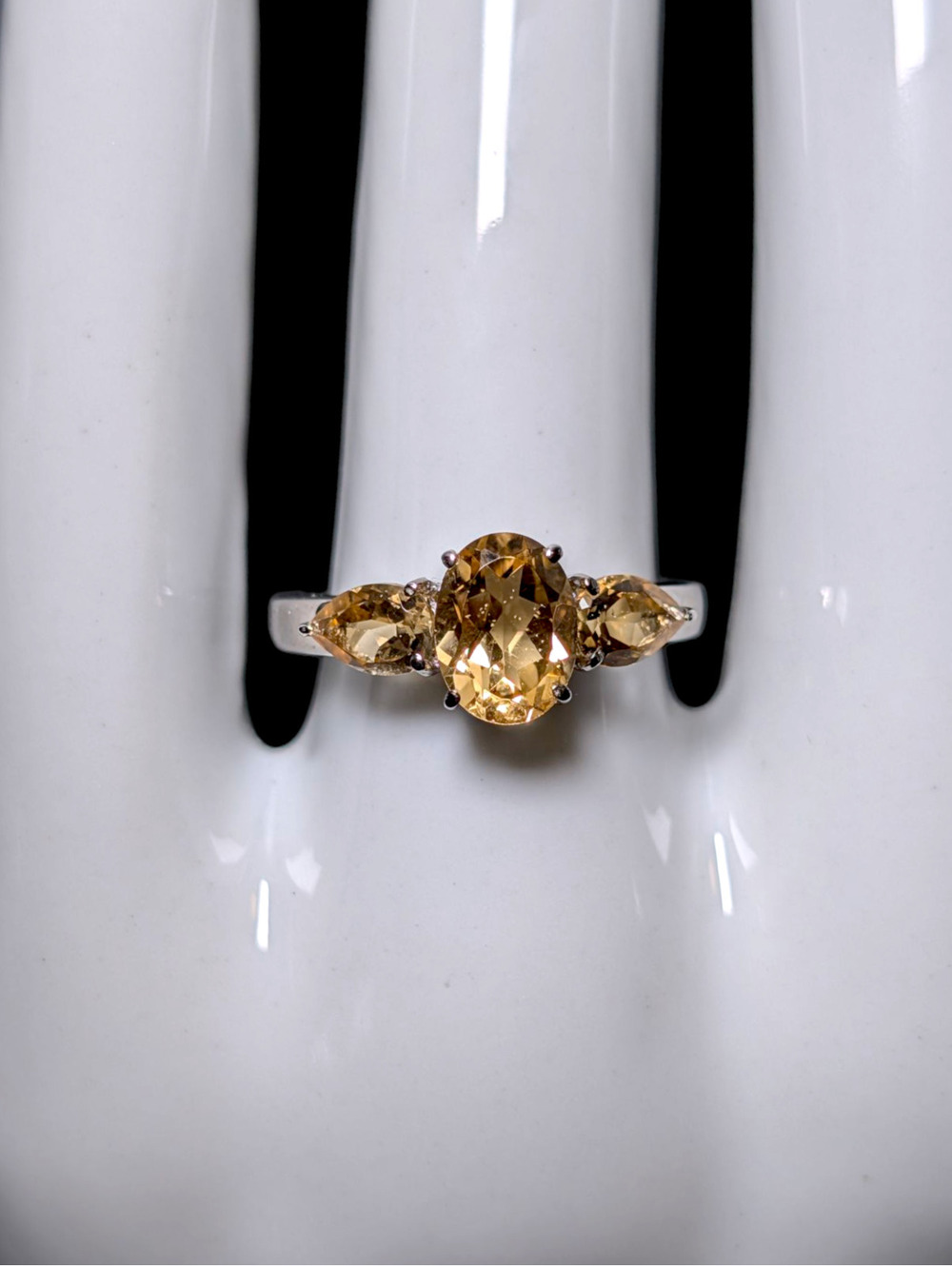 Vintage Three Stone Oval and Pear Cut Genuine Golden Citrine Ring